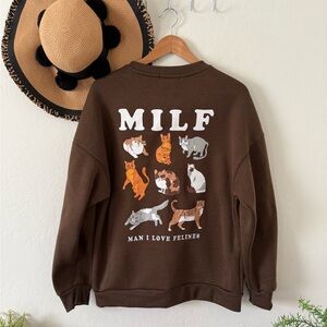 Man I Love Felines Cozy Brown Cat Sweater Pullover Oversized Sweatshirt Medium
